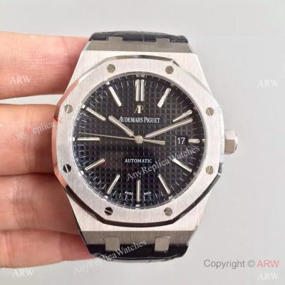 Replica Audemars Piguet Royal Oak Ss Black Leather Bracelet - AAA Grade Replica Watches Sale